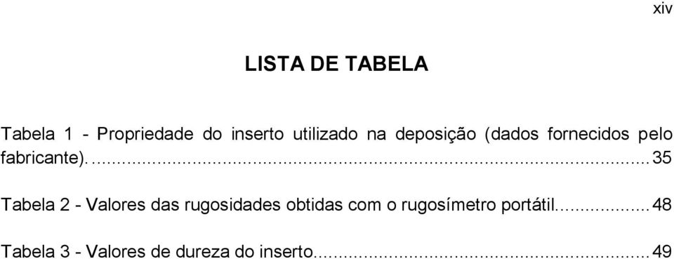 ... 35 Tabela 2 - Valores das rugosidades obtidas com o