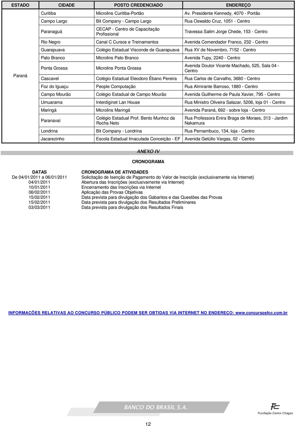 Rio Negro Canal C Cursos e Treinamentos Avenida Comendador Franco, 232 - Centro Guarapuava Colégio Estadual Visconde de Guarapuava Rua XV de Novembro, 7152 - Centro Pato Branco Microlins Pato Branco