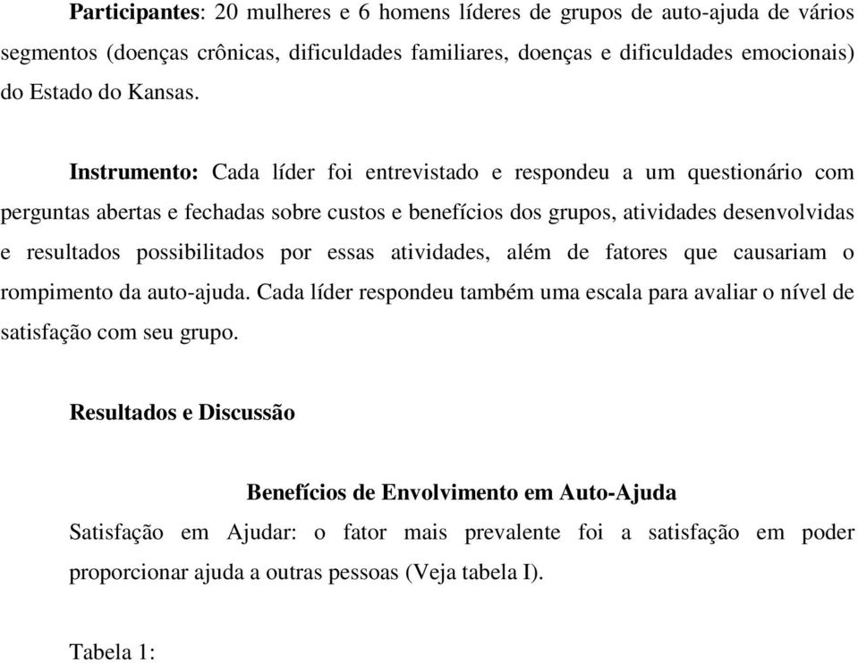 Instrumento: Cada líder foi entrevistado e respondeu a um questionário com perguntas abertas e fechadas sobre custos e benefícios dos grupos, atividades desenvolvidas e resultados