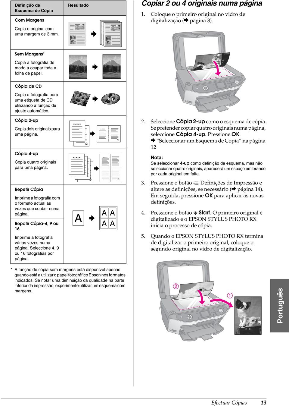 Cópia 2-up Copia dois originais para uma página. Cópia 4-up Copia quatro originais para uma página. Repetir Cópia Imprime a fotografia com o formato actual as vezes que couber numa página.