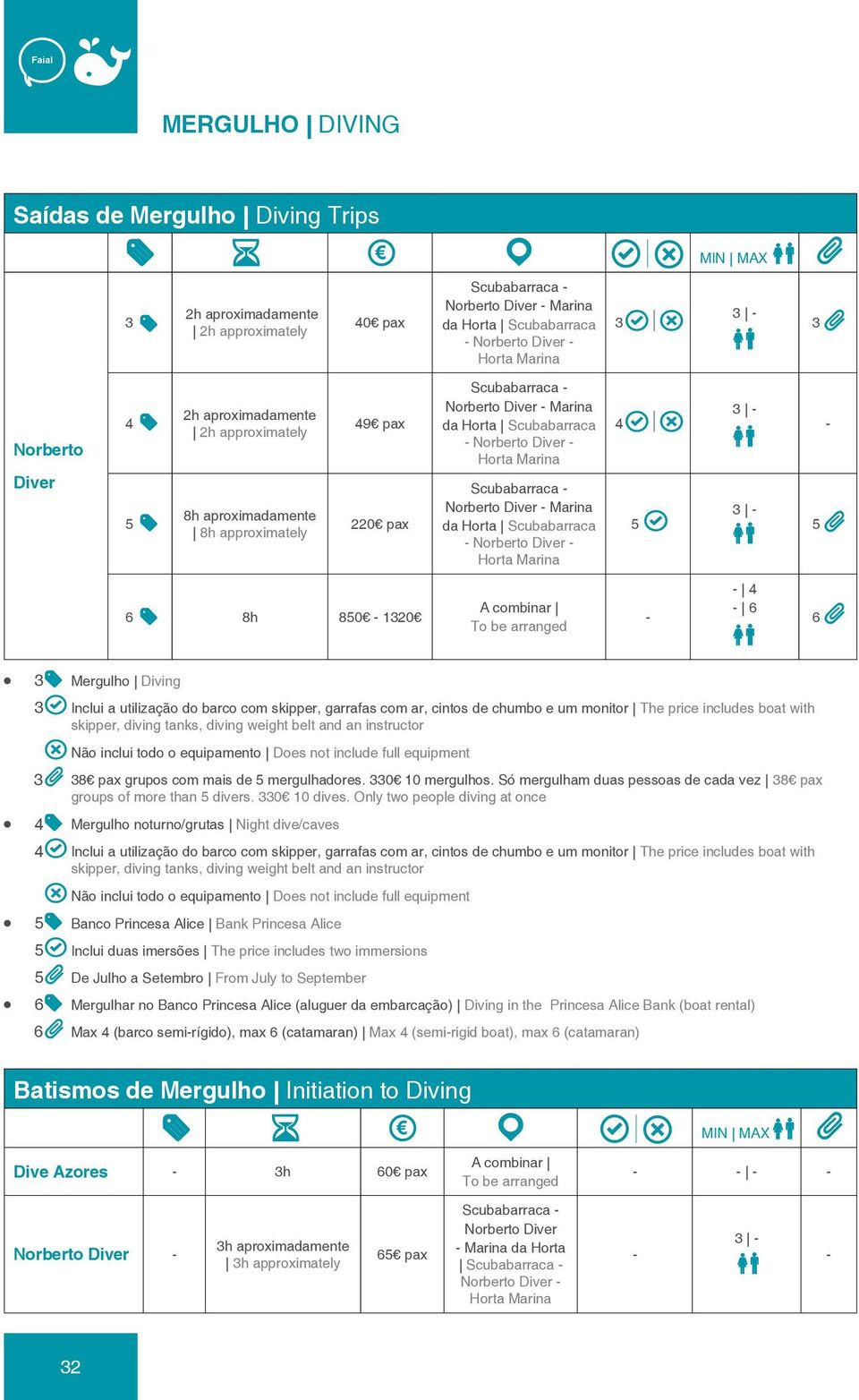 Diver 8h 80 0 Não inclui todo o equipamento Does not include full equipment 8 pax grupos com mais de mergulhadores. 0 0 mergulhos.