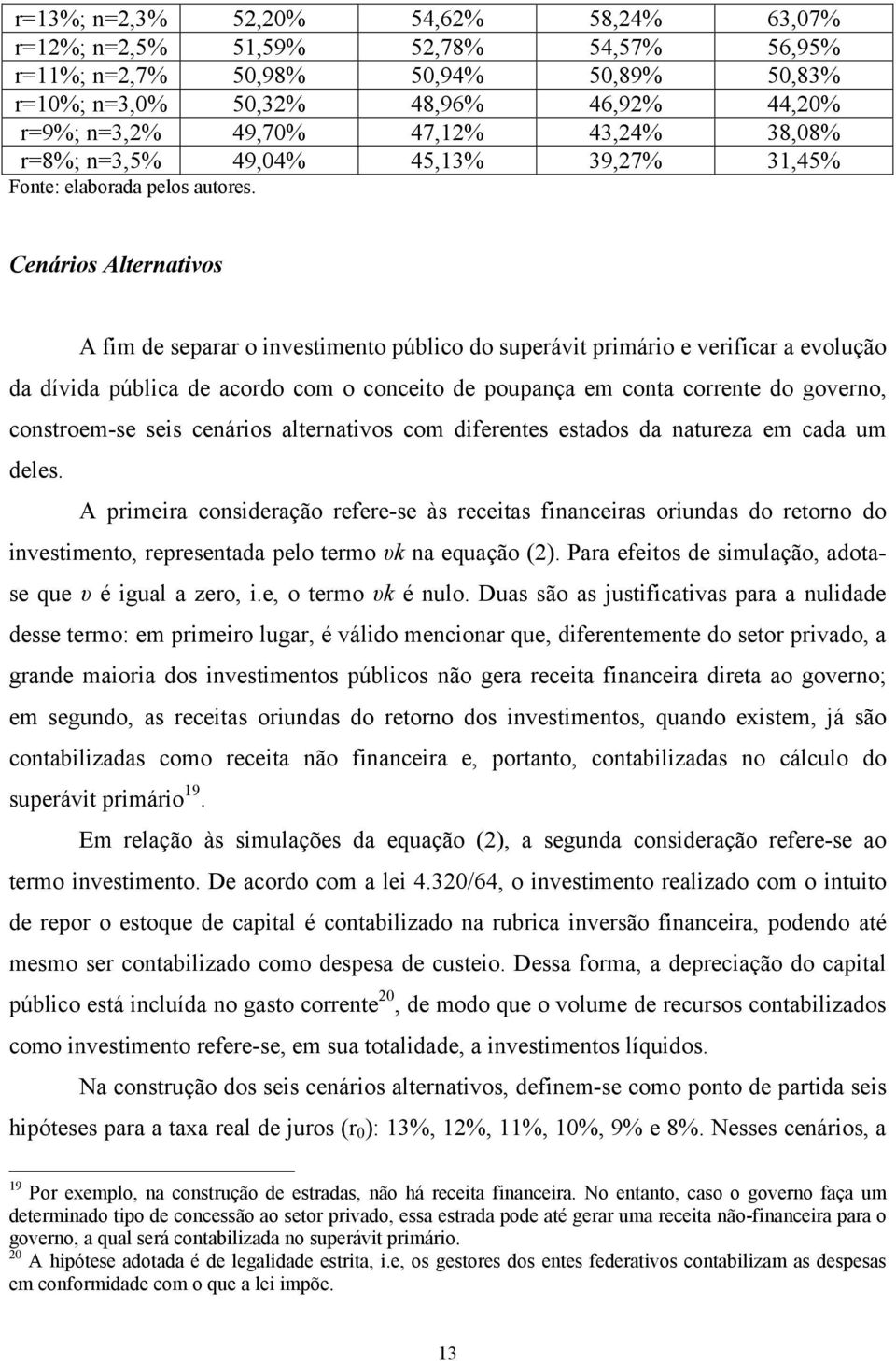 Cenários Alernaivos A fim de separar o invesimeno público do superávi primário e verificar a evolução da dívida pública de acordo com o conceio de poupança em cona correne do governo, consroem-se