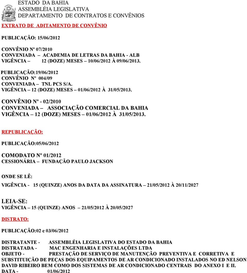 CONVÊNIO Nº - 02/2010 CONVENIADA ASSOCIAÇÃO COMERCIAL DA BAHIA REPUBLICAÇÃO: COMODATO Nº 01/2012 CESSIONÁRIA FUNDAÇÃO PAULO JACKSON ONDE SE LÊ: VIGÊNCIA - 15 (QUINZE) ANOS DA DATA DA ASSINATURA