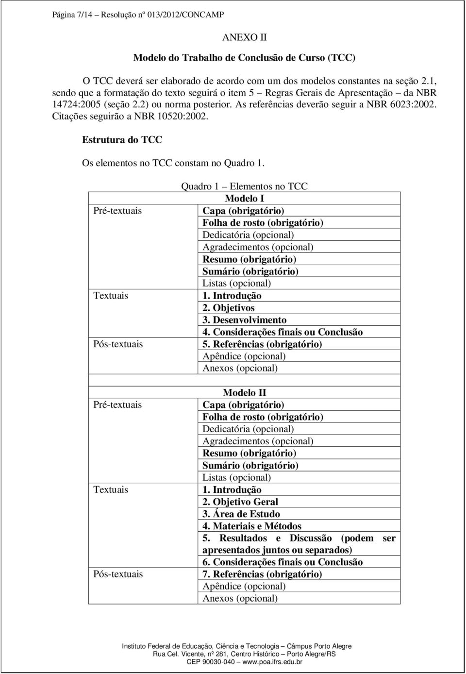 Citações seguirão a NBR 10520:2002. Estrutura do TCC Os elementos no TCC constam no Quadro 1.