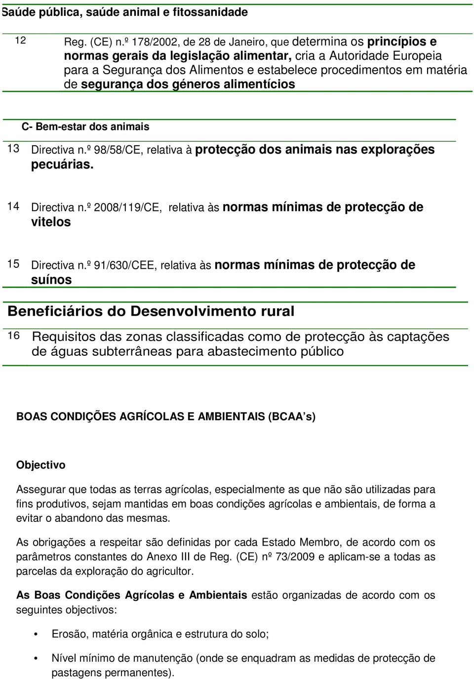 segurança dos géneros alimentícios C- Bem-estar dos animais 13 Directiva n.º 98/58/CE, relativa à protecção dos animais nas explorações pecuárias. 14 Directiva n.