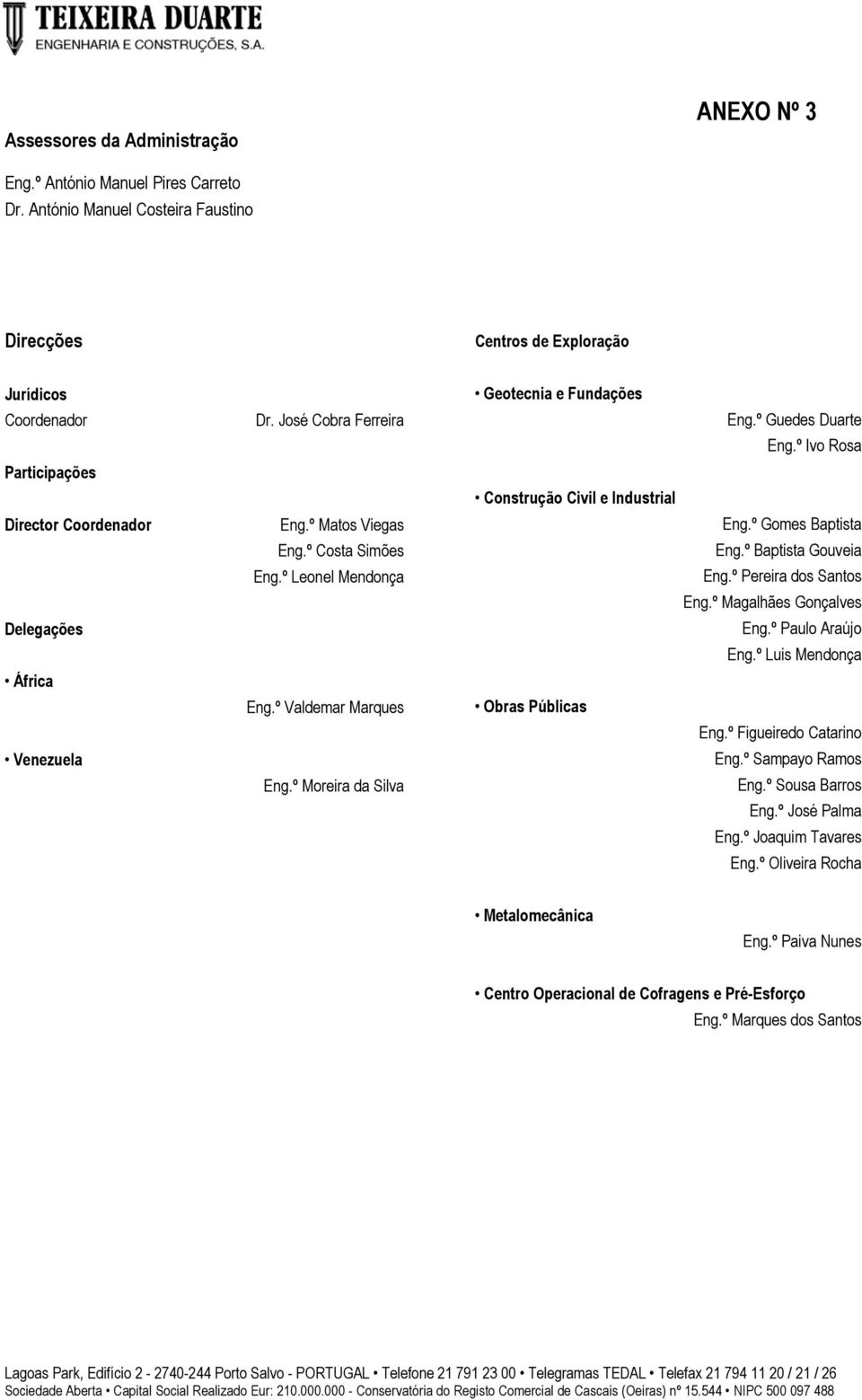 º Baptista Gouveia Eng.º Leonel Mendonça Eng.º Pereira dos Santos Eng.º Magalhães Gonçalves Delegações Eng.º Paulo Araújo Eng.º Luis Mendonça África Eng.º Valdemar Marques Obras Públicas Eng.