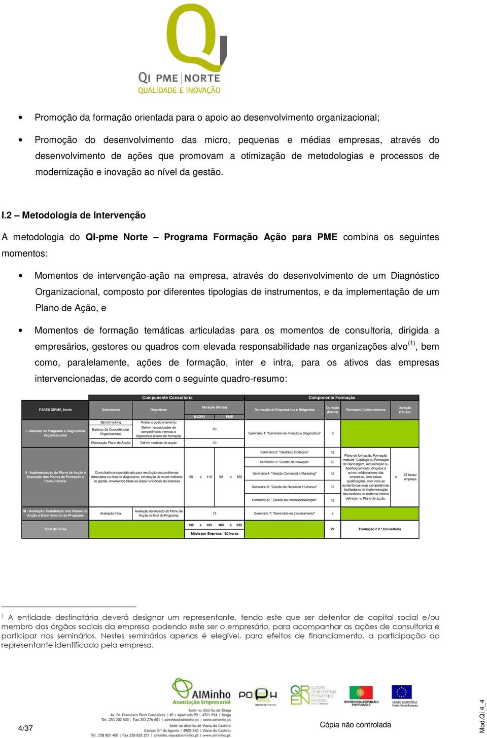 2 Metodologia de Intervenção A metodologia do QI-pme Norte Programa Formação Ação para PME combina os seguintes momentos: Momentos de intervenção-ação na empresa, através do desenvolvimento de um