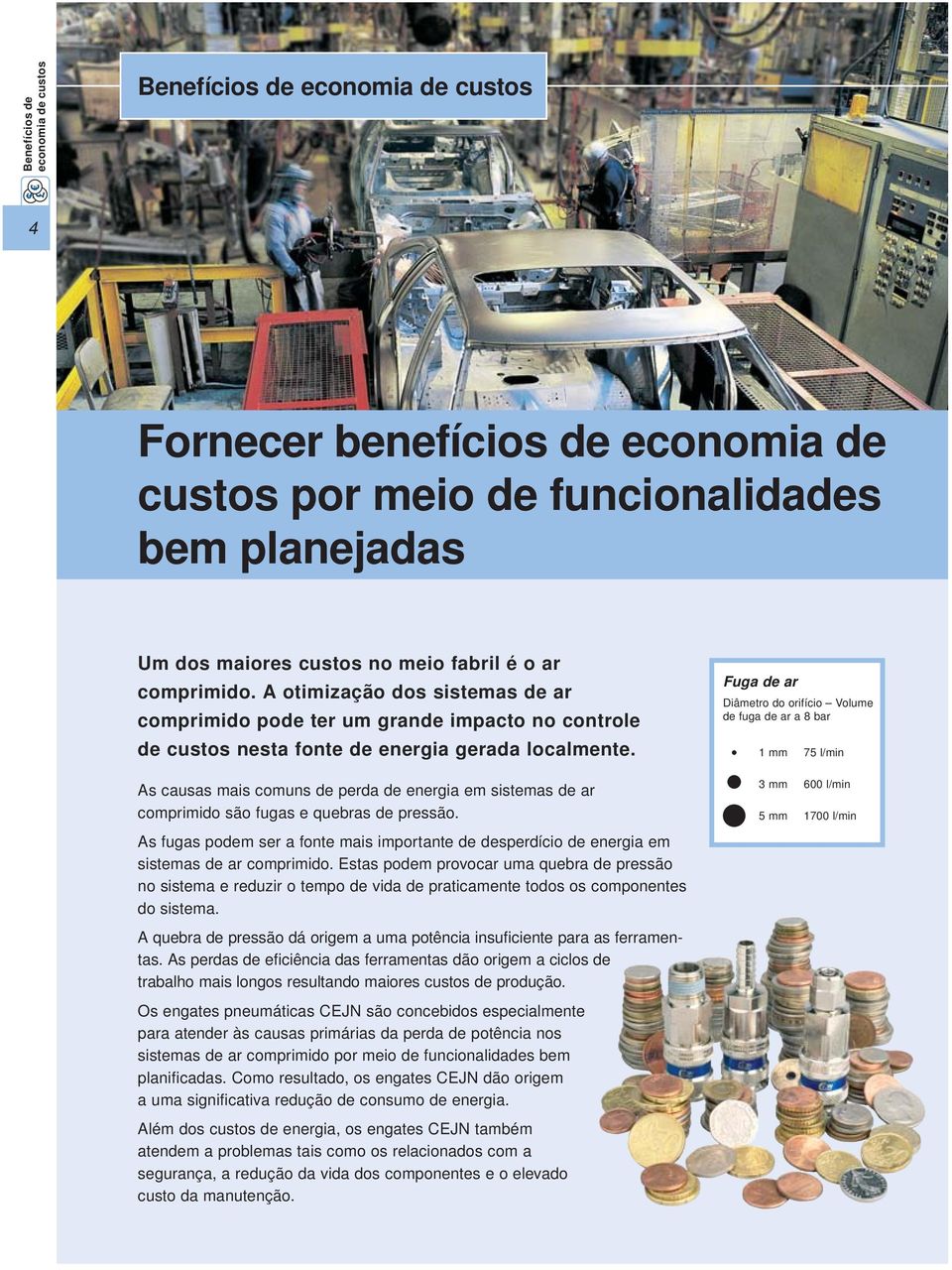 As causas mais comuns de perda de energia em sistemas de ar comprimido são fugas e quebras de pressão.