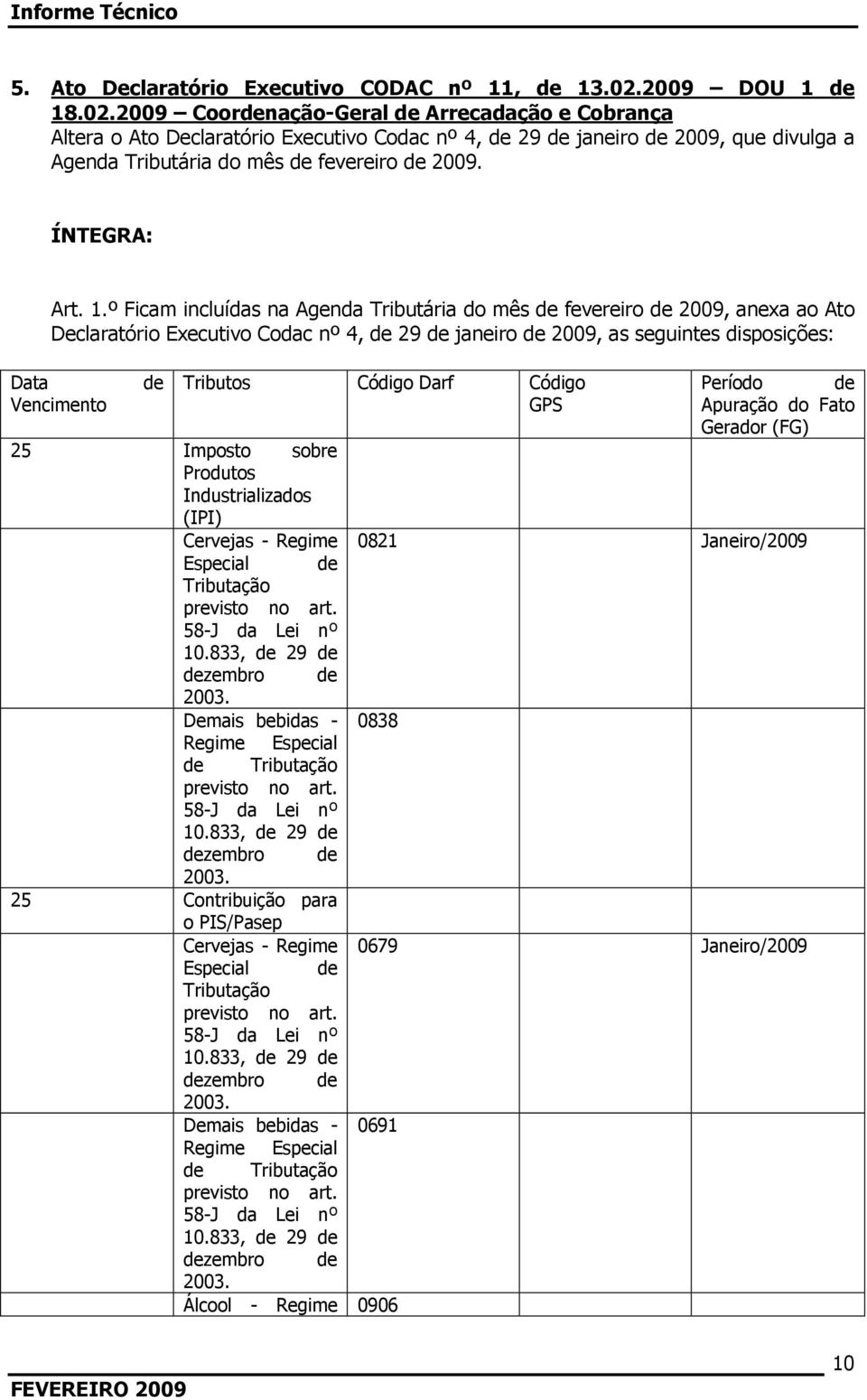 2009 Coordenação-Geral de Arrecadação e Cobrança Altera o Ato Declaratório Executivo Codac nº 4, de 29 de janeiro de 2009, que divulga a Agenda Tributária do mês de fevereiro de 2009. ÍNTEGRA: Art. 1.