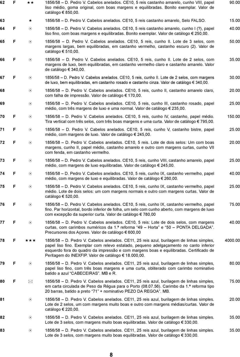 ), papel liso fino, com boas margens e equilibradas. Bonito exemplar. Valor de catálogo 250,00. 65 F 8 1856/58 D. Pedro V. Cabelos anelados. CE10, 5 reis, cunho II.