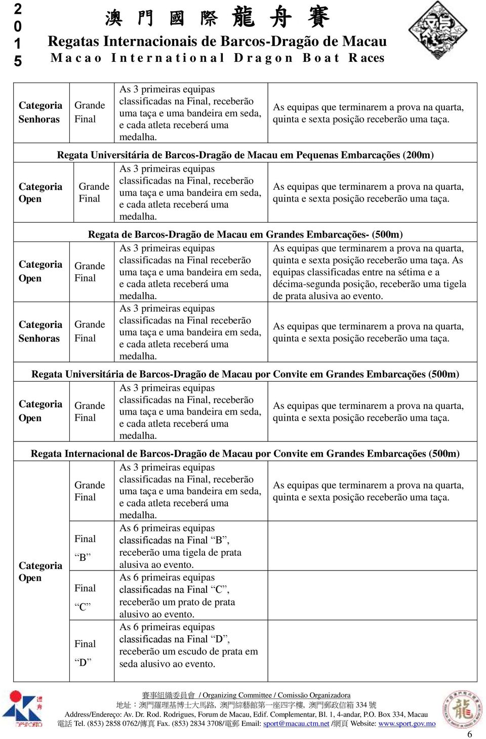 Regata Universitária de Barcos-Dragão de Macau por Convite em s Embarcações (m) classificadas na, receberão Regata Internacional de Barcos-Dragão de Macau por Convite em s Embarcações (m)