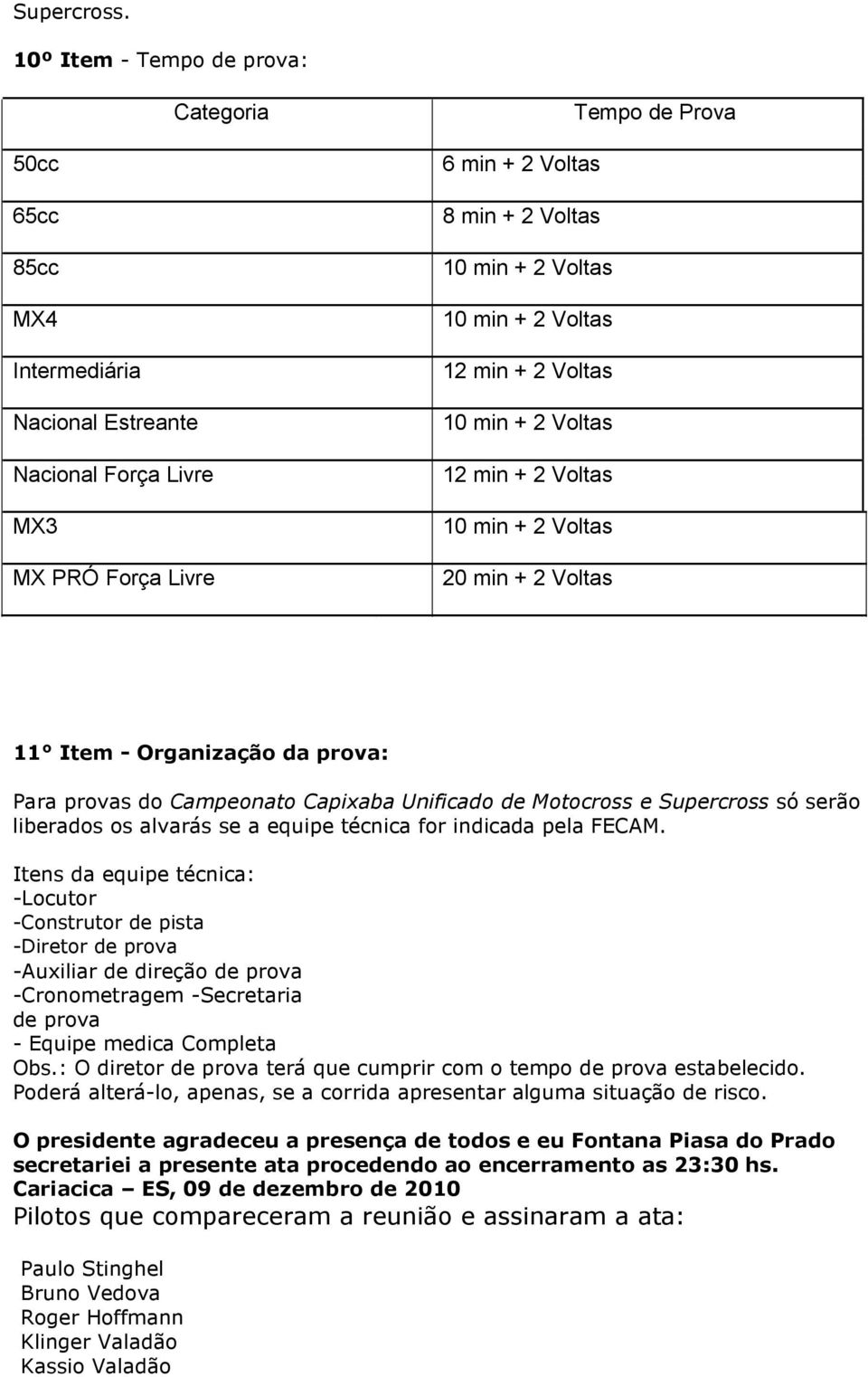 10 min + 2 Voltas 12 min + 2 Voltas 10 min + 2 Voltas 12 min + 2 Voltas 10 min + 2 Voltas 20 min + 2 Voltas 11 Item - Organização da prova: Para provas do Campeonato Capixaba Unificado de Motocross e