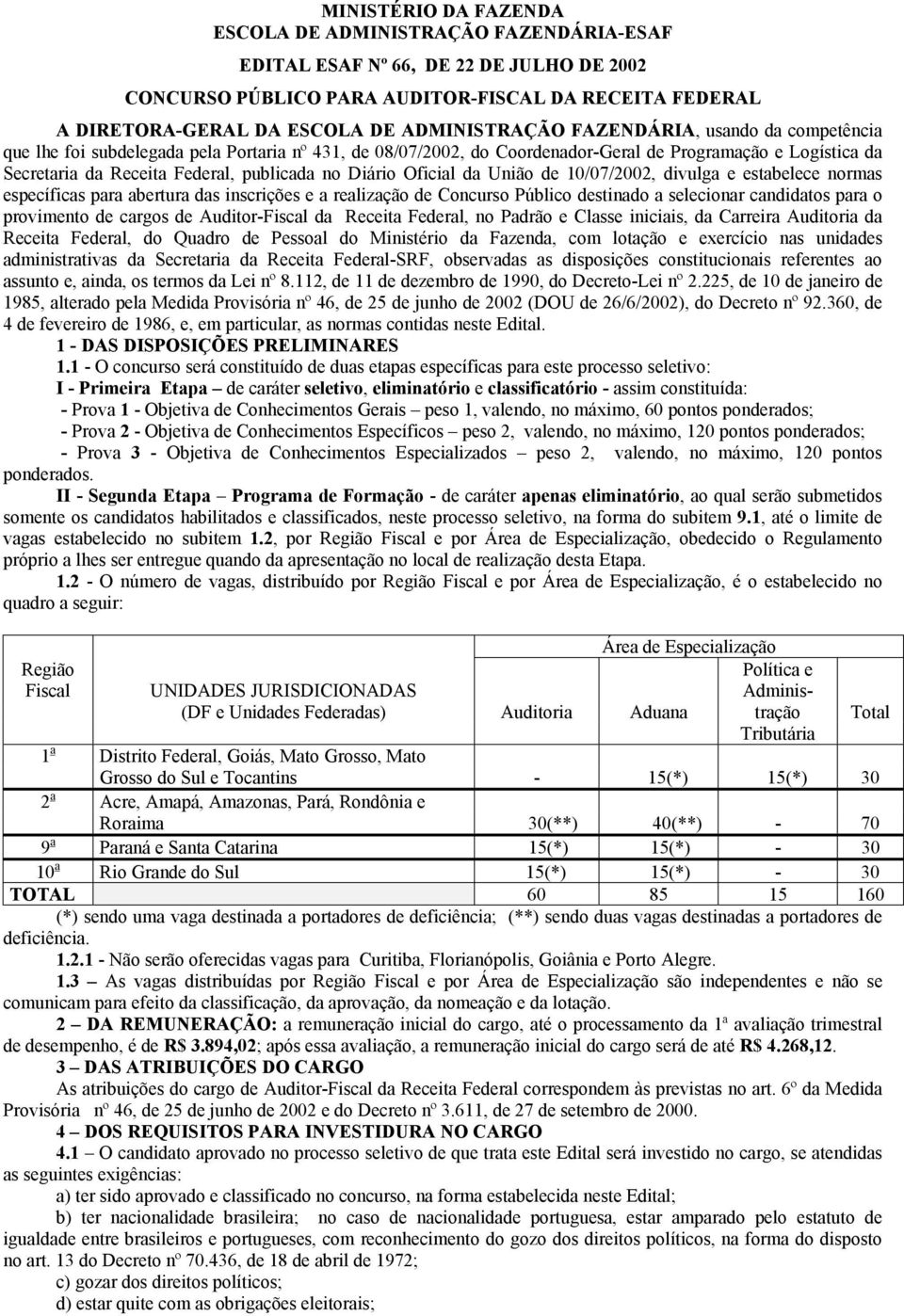 publicada no Diário Oficial da União de 10/07/2002, divulga e estabelece normas específicas para abertura das inscrições e a realização de Concurso Público destinado a selecionar candidatos para o