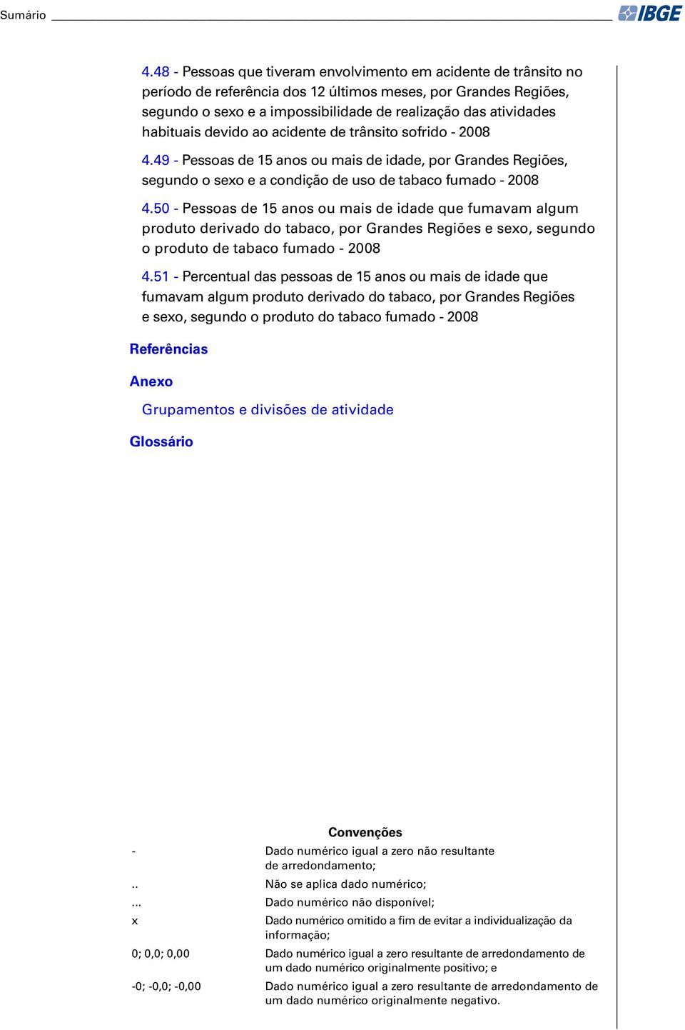 habituais devido ao acidente de trânsito sofrido - 2008 4.49 - Pessoas de 15 anos ou mais de idade, por Grandes Regiões, segundo o sexo e a condição de uso de tabaco fumado - 2008 4.