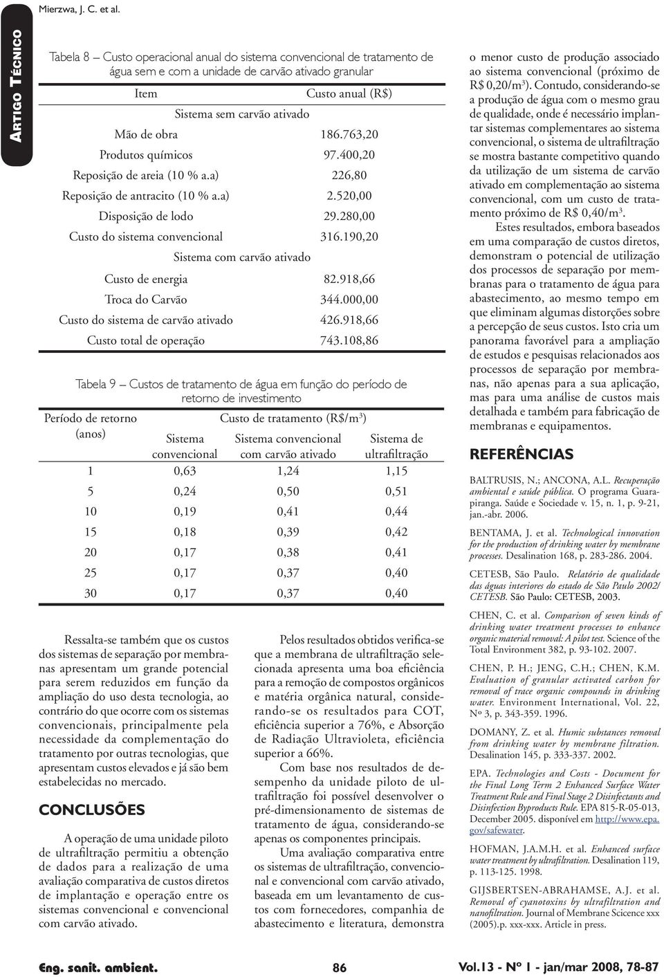 763,20 Produtos químicos 97.400,20 Reposição de areia (10 % a.a) 226,80 Reposição de antracito (10 % a.a) 2.520,00 Disposição de lodo 29.280,00 Custo do sistema convencional 316.