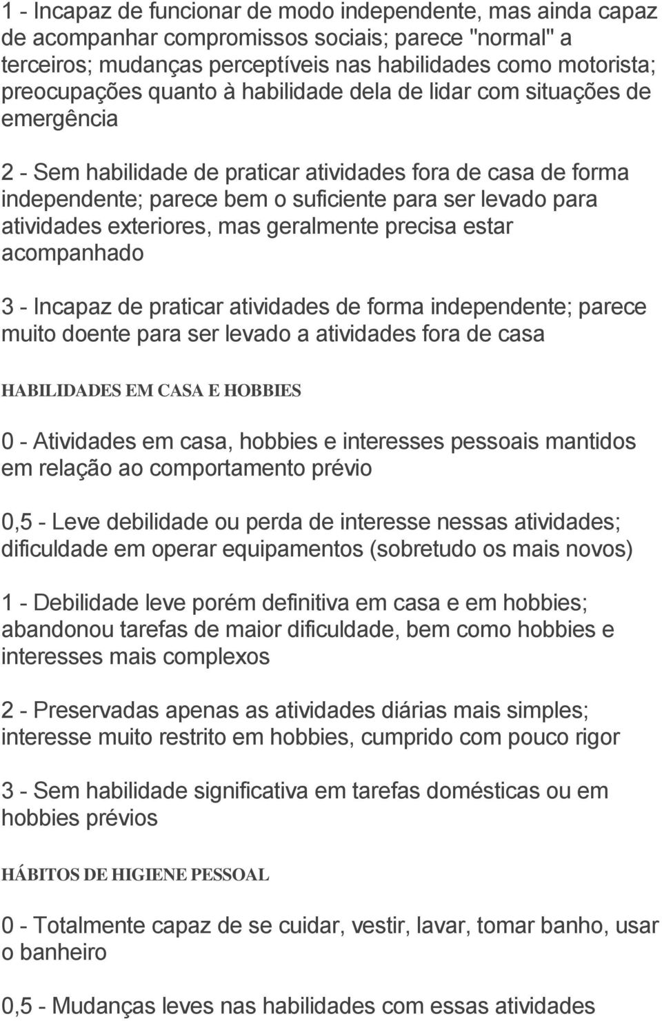 exteriores, mas geralmente precisa estar acompanhado 3 - Incapaz de praticar atividades de forma independente; parece muito doente para ser levado a atividades fora de casa HABILIDADES EM CASA E