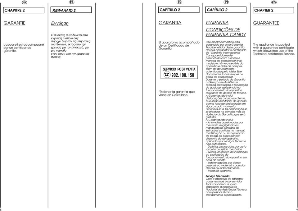 GARANTIA El aparato va acompañado de un Certificado de Garantía. SERVICIO POST VTA 90. 100. 10 *Rellenar la garantía que viene en Castellano.