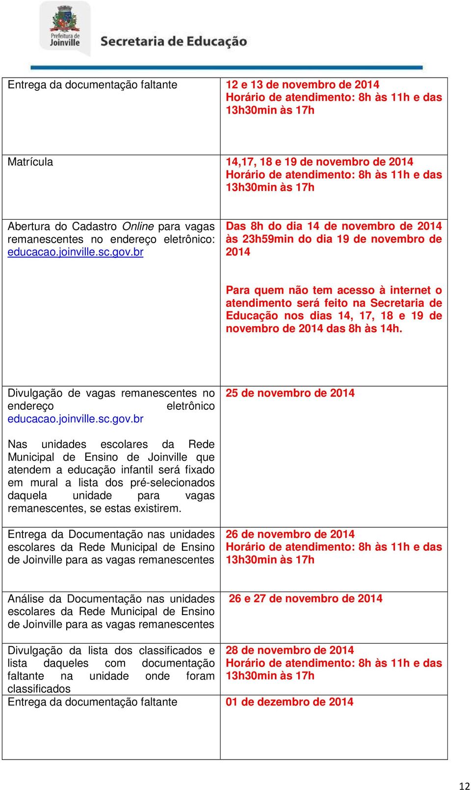 br Das 8h do dia 14 de novembro de 2014 às 23h59min do dia 19 de novembro de 2014 Para quem não tem acesso à internet o atendimento será feito na Secretaria de Educação nos dias 14, 17, 18 e 19 de