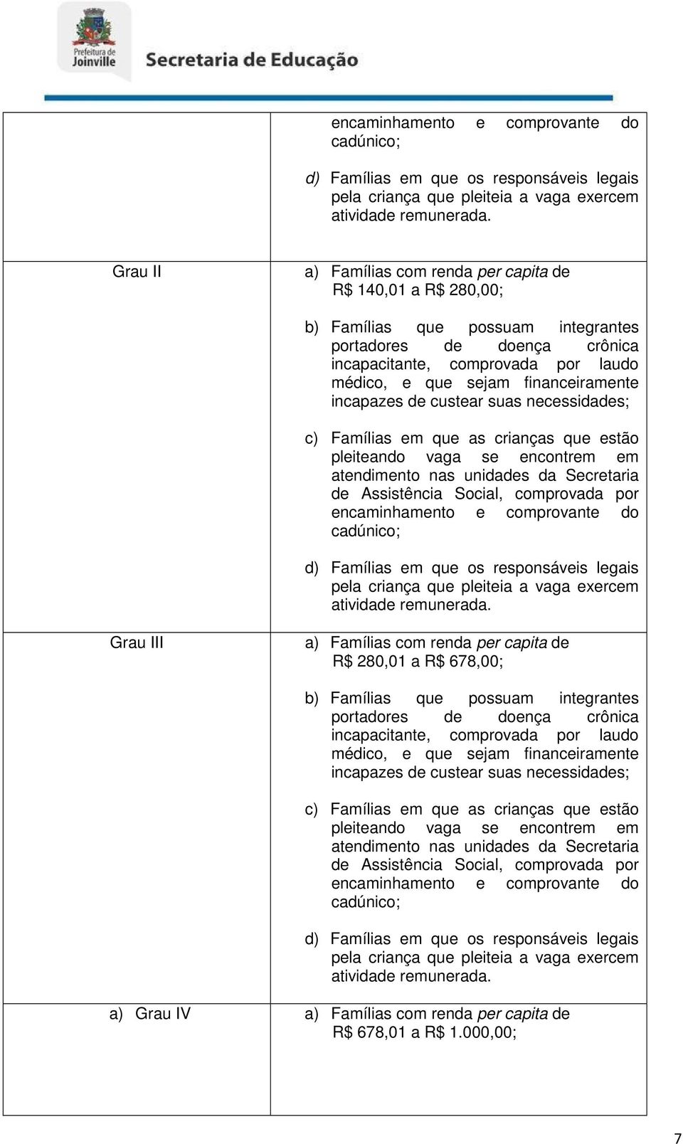 financeiramente incapazes de custear suas necessidades; c) Famílias em que as crianças que estão pleiteando vaga se encontrem em atendimento nas unidades da Secretaria de Assistência Social,