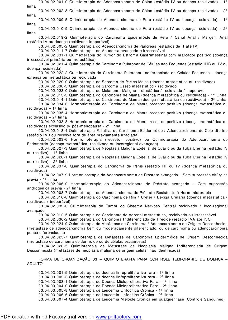 04.02.019-2 Quimioterapia do Carcinoma Epidermóide de Reto / Canal Anal / Margem Anal (estádio IV ou doença recidivada inoperável) 03.04.02.005-2 Quimioterapia do Adenocarcinoma de Pâncreas (estádios de II até IV) 03.