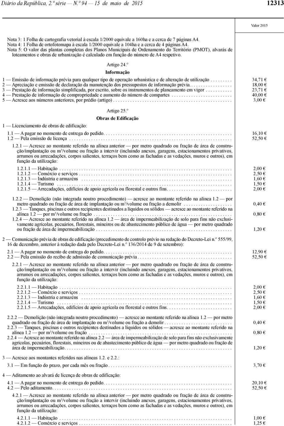 Nota 5: O valor das plantas completas dos Planos Municipais de Ordenamento do Território (PMOT), alvarás de loteamen e obras de urbanização é calculado em função do número de A4 respetivo. Artigo 24.