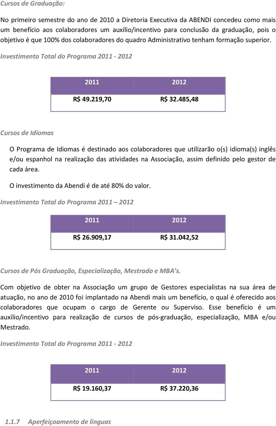 485,48 Cursos de Idiomas O Programa de Idiomas é destinado aos colaboradores que utilizarão o(s) idioma(s) inglês e/ou espanhol na realização das atividades na Associação, assim definido pelo gestor