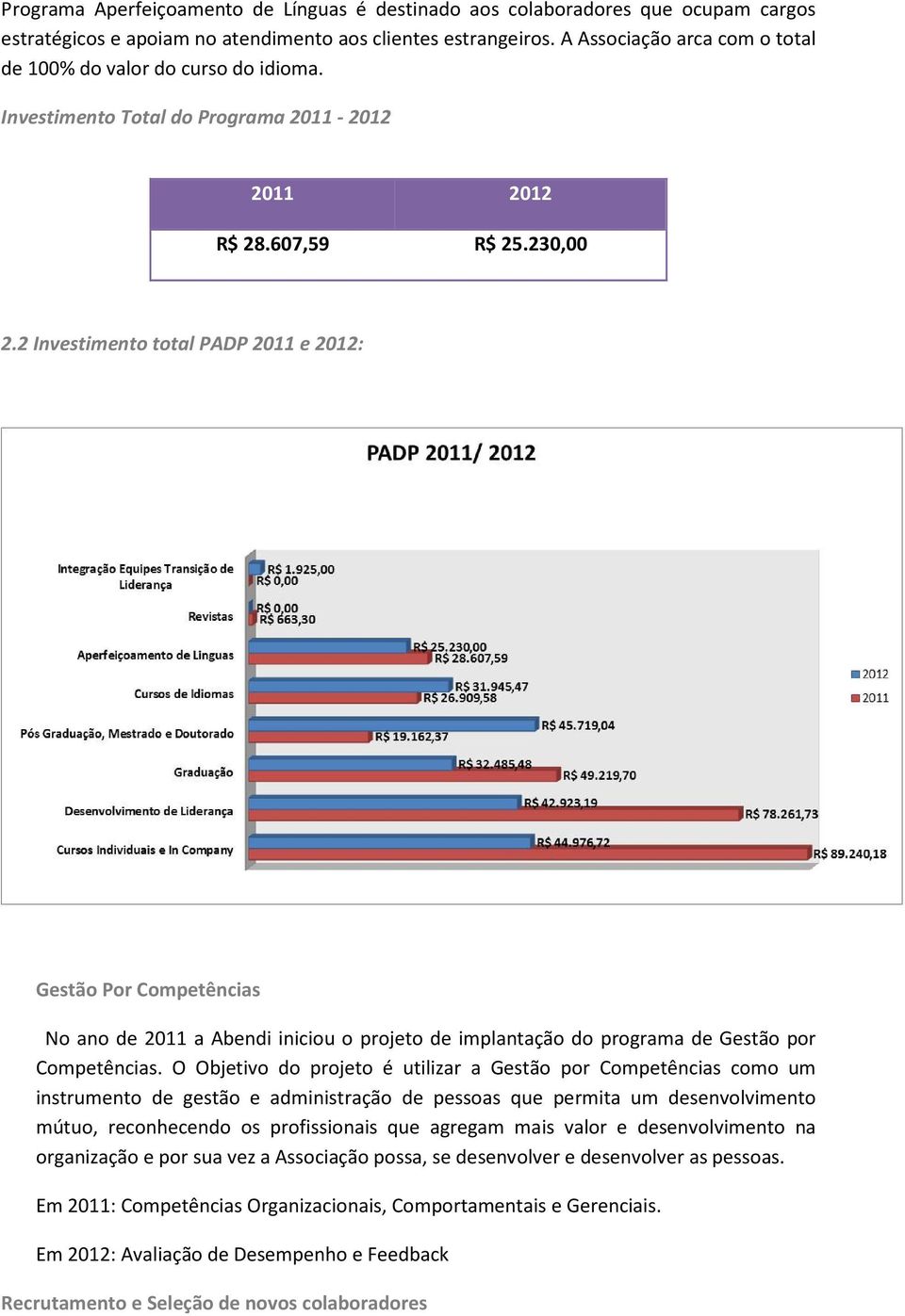 2 Investimento total PADP 2011 e 2012: Gestão Por Competências No ano de 2011 a Abendi iniciou o projeto de implantação do programa de Gestão por Competências.