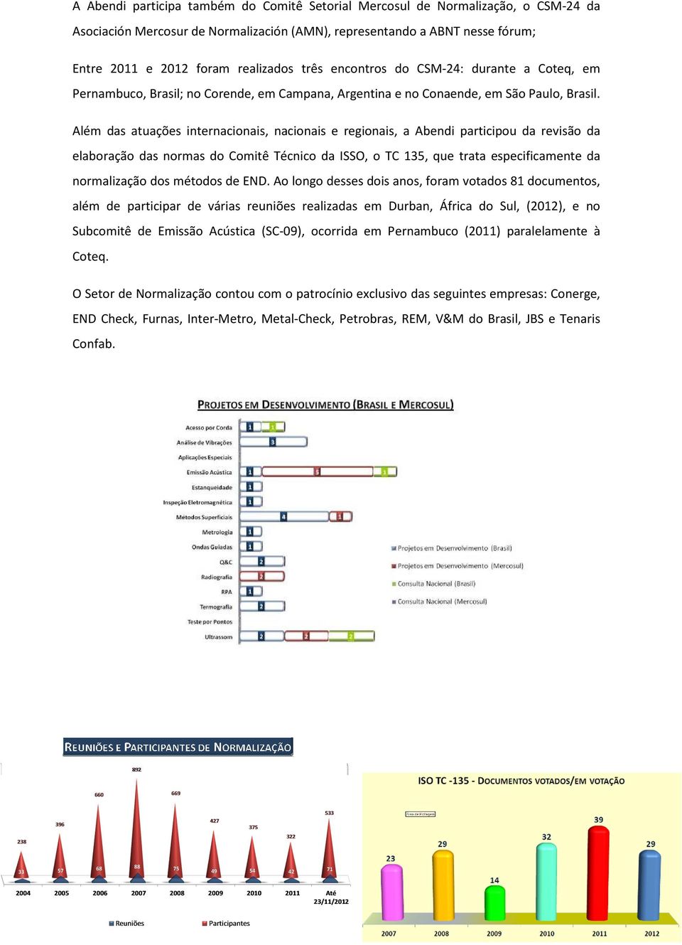 Além das atuações internacionais, nacionais e regionais, a Abendi participou da revisão da elaboração das normas do Comitê Técnico da ISSO, o TC 135, que trata especificamente da normalização dos