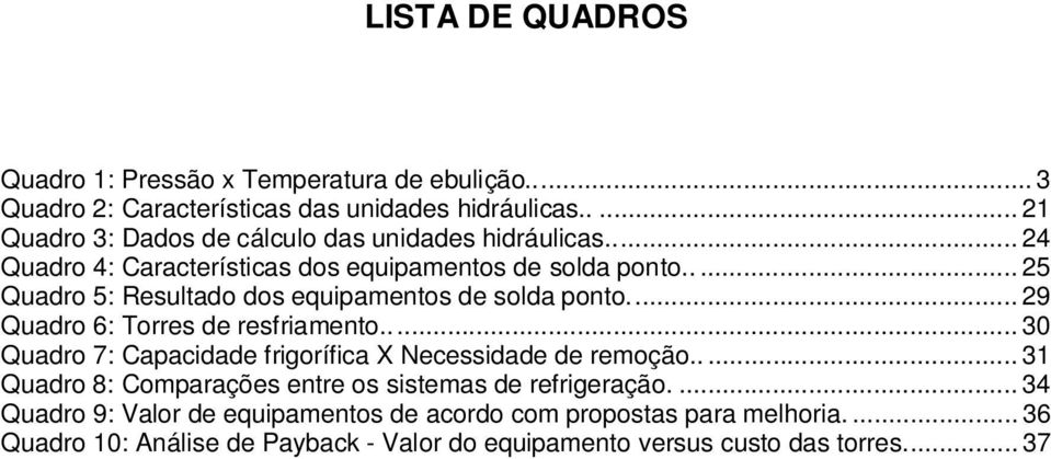 .... 25 Quadro 5: Resultado dos equipamentos de solda ponto.... 29 Quadro 6: Torres de resfriamento.