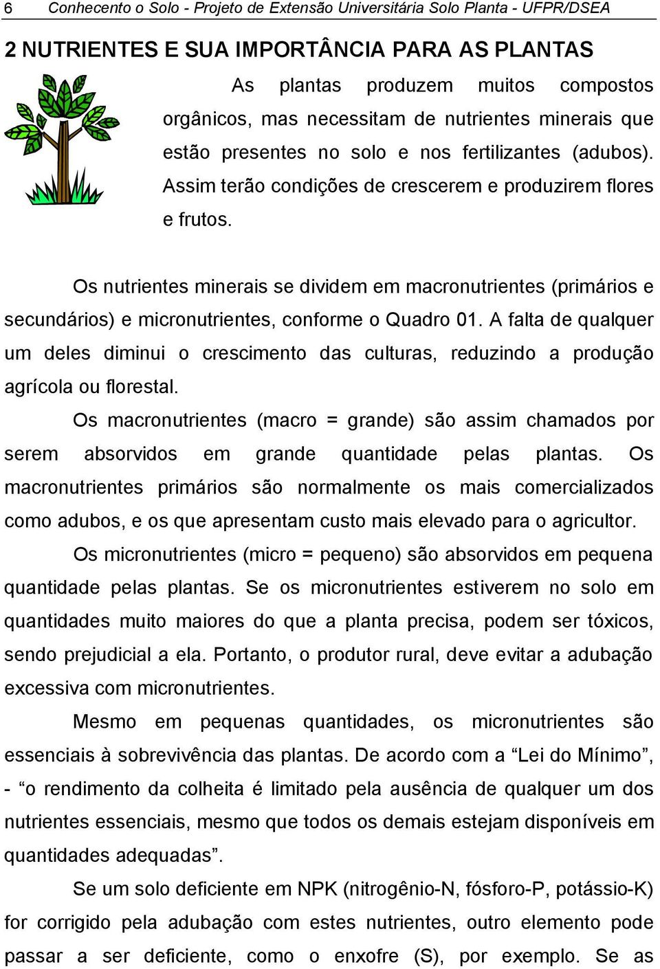 Os nutrientes minerais se dividem em macronutrientes (primários e secundários) e micronutrientes, conforme o Quadro 01.