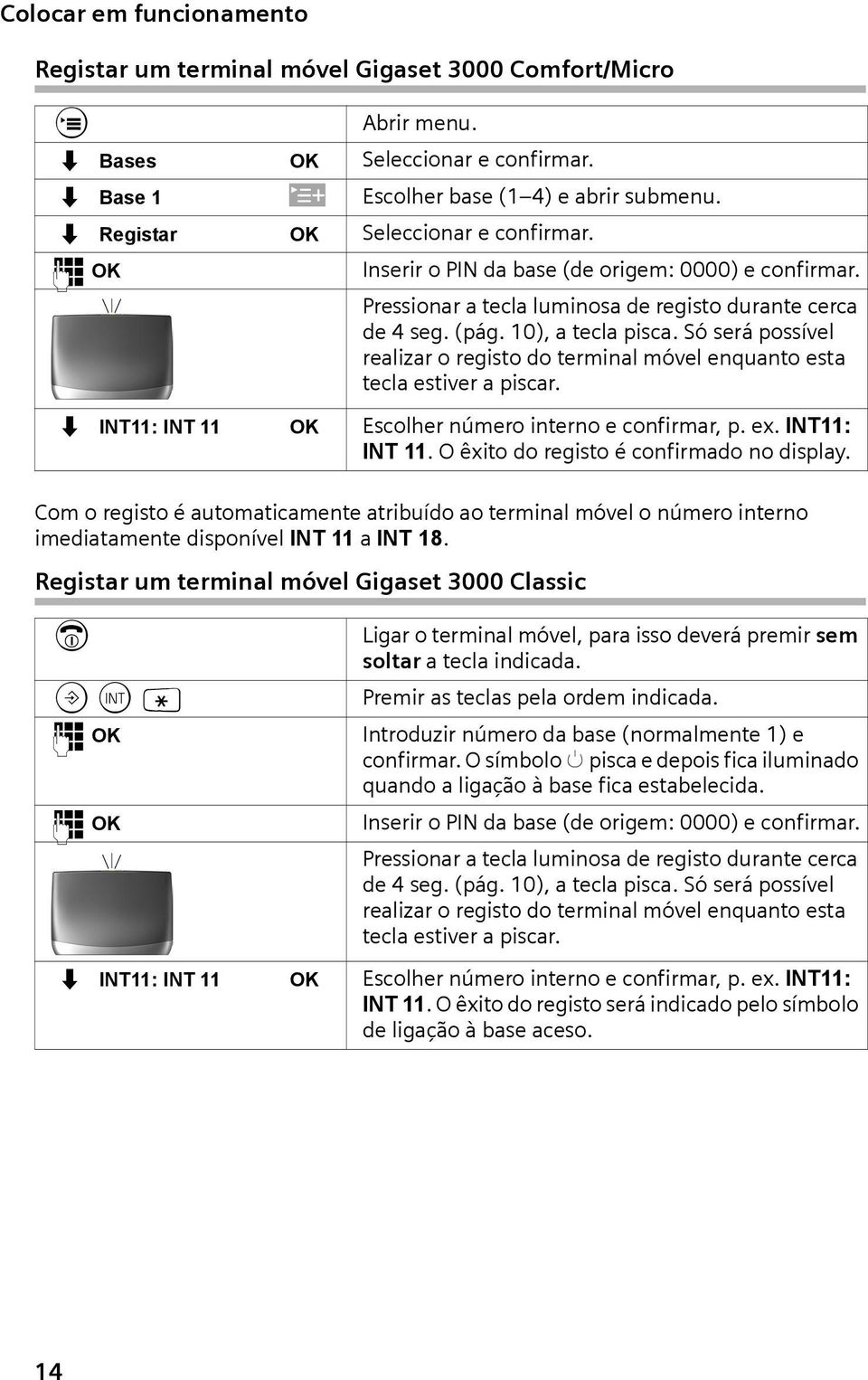 Só será possível realizar o registo do terminal móvel enquanto esta tecla estiver a piscar. s INT11: INT 11 OK Escolher número interno e confirmar, p. ex. INT11: INT 11. O êxito do registo é confirmado no display.