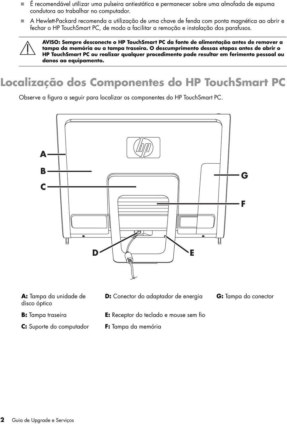 AVISO: Sempre desconecte o HP TouchSmart PC da fonte de alimentação antes de remover a tampa da memória ou a tampa traseira.