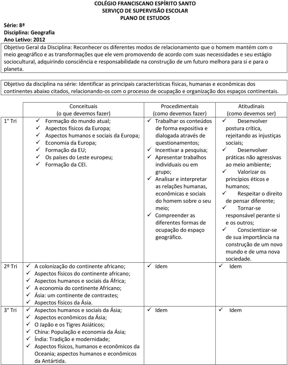 Objetivo da disciplina na série: Identificar as principais características físicas, humanas e econômicas dos continentes abaixo citados, relacionando-os com o processo de ocupação e organização dos