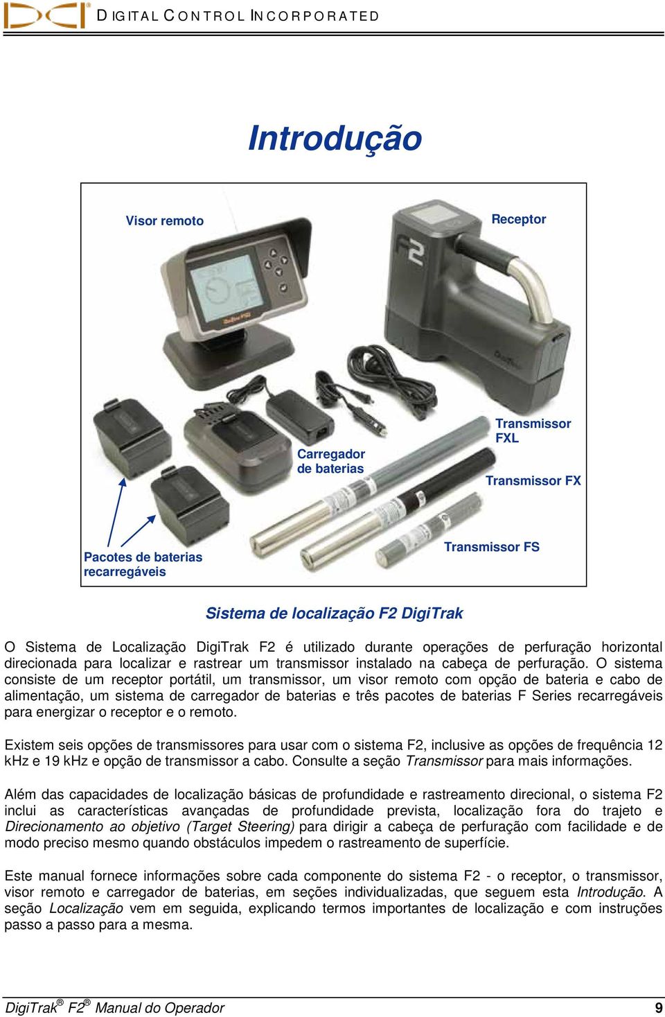 O sistema consiste de um receptor portátil, um transmissor, um visor remoto com opção de bateria e cabo de alimentação, um sistema de carregador de baterias e três pacotes de baterias F Series