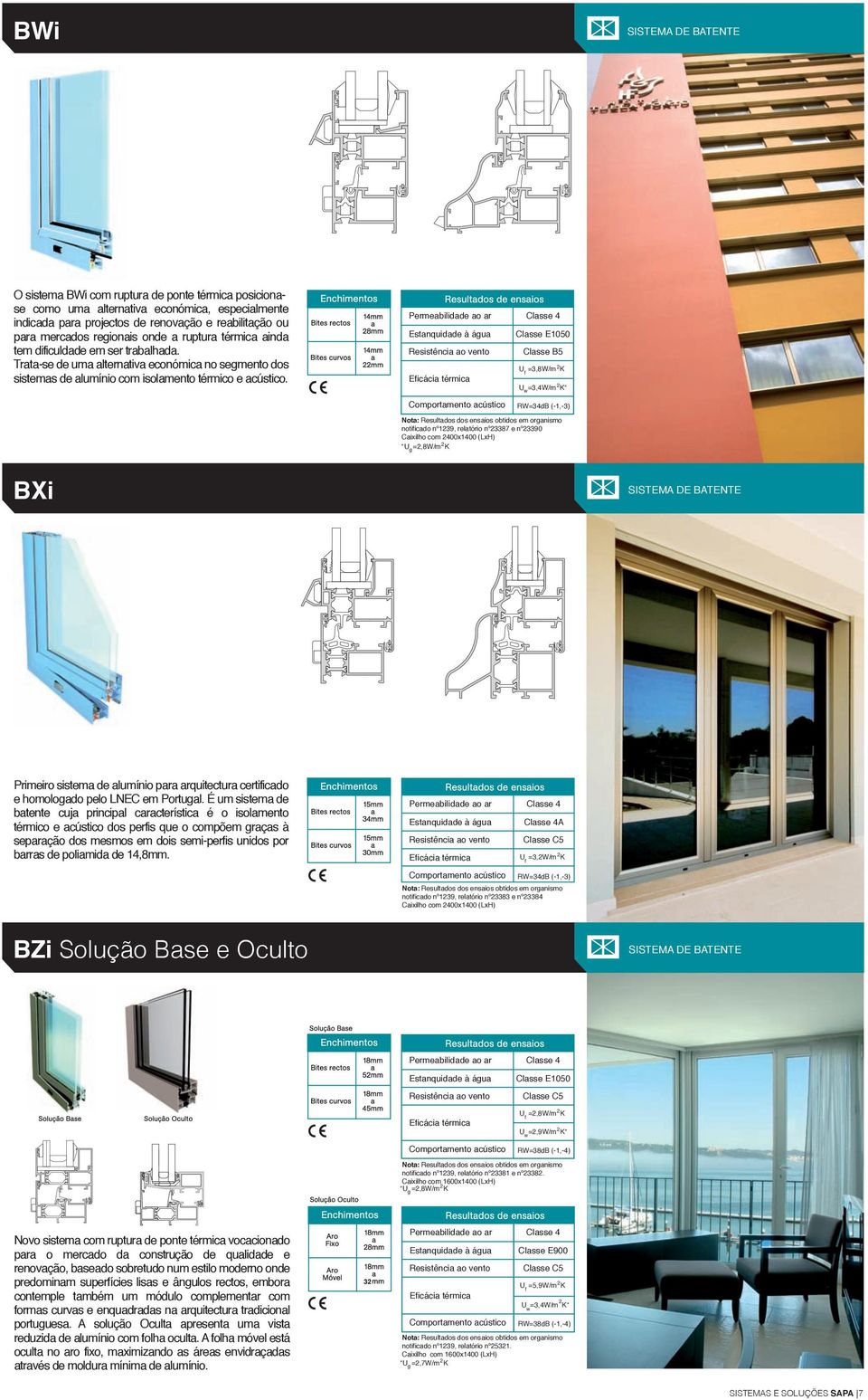 Eicácia térmica Classe 4 Classe E1050 Classe B5 U =3,8W/m K U =3,4W/m K* RW=34dB (-1,-3) notiicado nº139, relatório nº3387 e nº3390 Caixilho com 400x1400 (LxH) *U g =,8W/m K BXi SISTEMA DE BATENTE