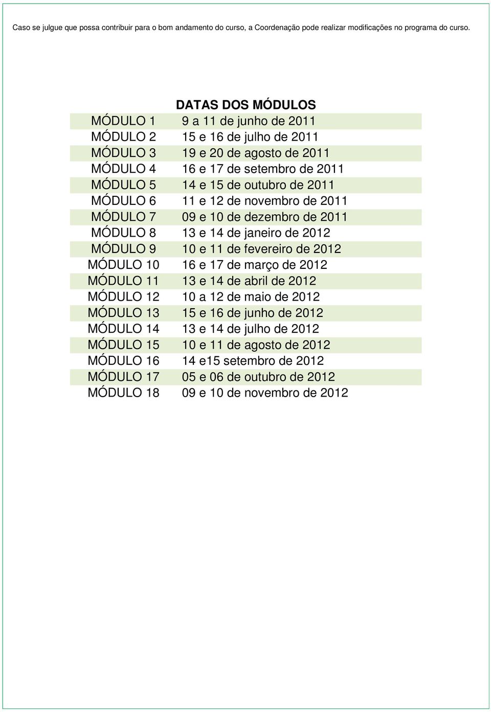 MÓDULO 6 11 e 12 de novembro de 2011 MÓDULO 7 09 e 10 de dezembro de 2011 MÓDULO 8 13 e 14 de janeiro de 2012 MÓDULO 9 10 e 11 de fevereiro de 2012 MÓDULO 10 16 e 17 de março de 2012 MÓDULO 11 13 e