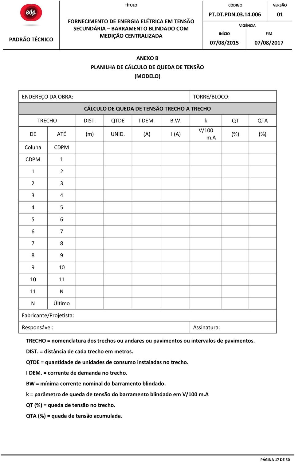 a (%) (%) N Último Fabricante/Projetista: Responsável: Assinatura: TRECHO = nomenclatura dos trechos ou andares ou pavimentos ou intervalos de pavimentos. DIST.