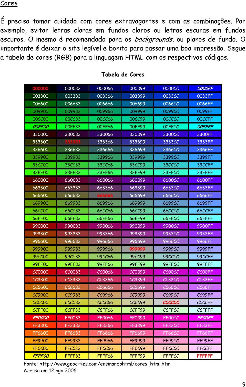 Segue a tabela de cores (RGB) para a linguagem HTML com os respectivos códigos.