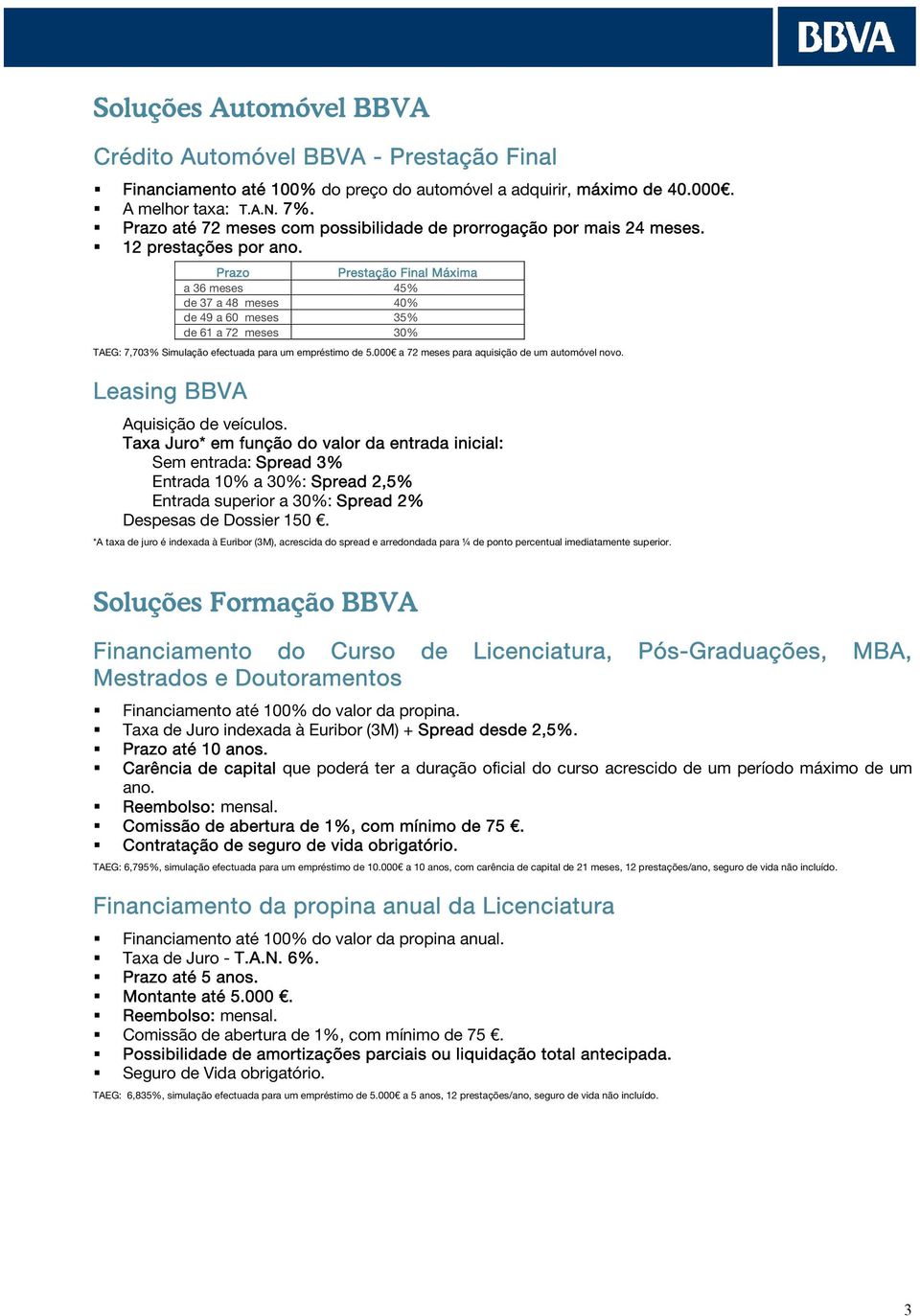 Prazo Prestação Final Máxima a 36 meses 45% de 37 a 48 meses 40% de 49 a 60 meses 35% de 61 a 72 meses 30% TAEG: 7,703% Simulação efectuada para um empréstimo de 5.