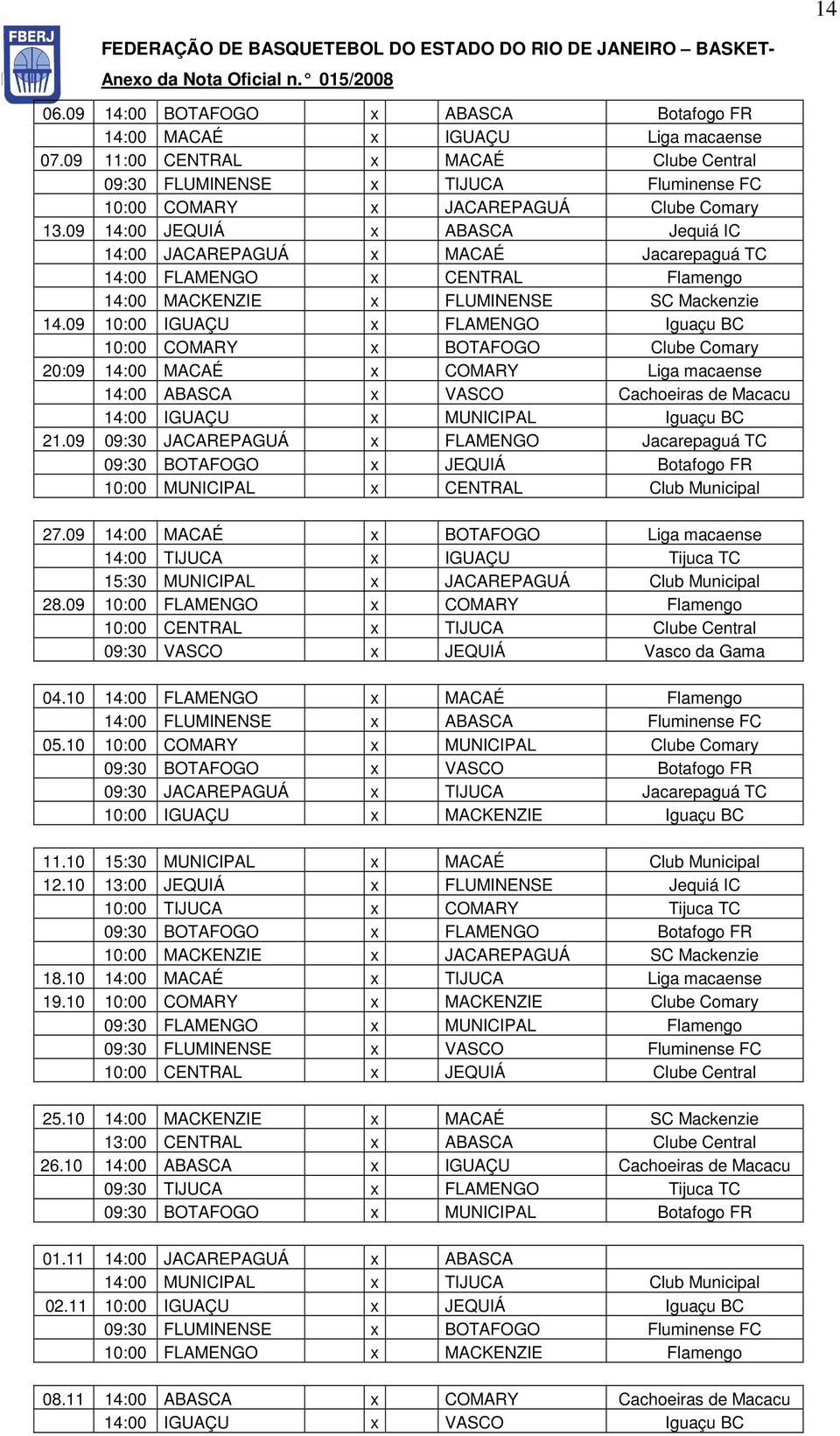 09 14:00 JEQUIÁ x ABASCA Jequiá IC 14:00 JACAREPAGUÁ x MACAÉ Jacarepaguá TC 14:00 FLAMENGO x CENTRAL Flamengo 14:00 MACKENZIE x FLUMINENSE SC Mackenzie 14.