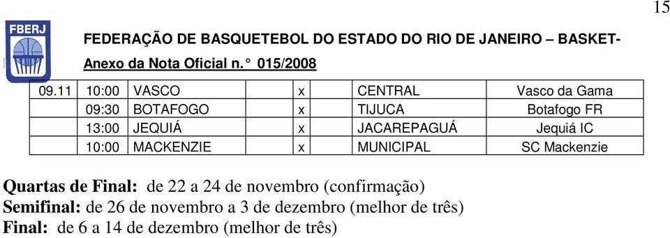 JEQUIÁ x JACAREPAGUÁ Jequiá IC 10:00 MACKENZIE x MUNICIPAL SC Mackenzie Quartas