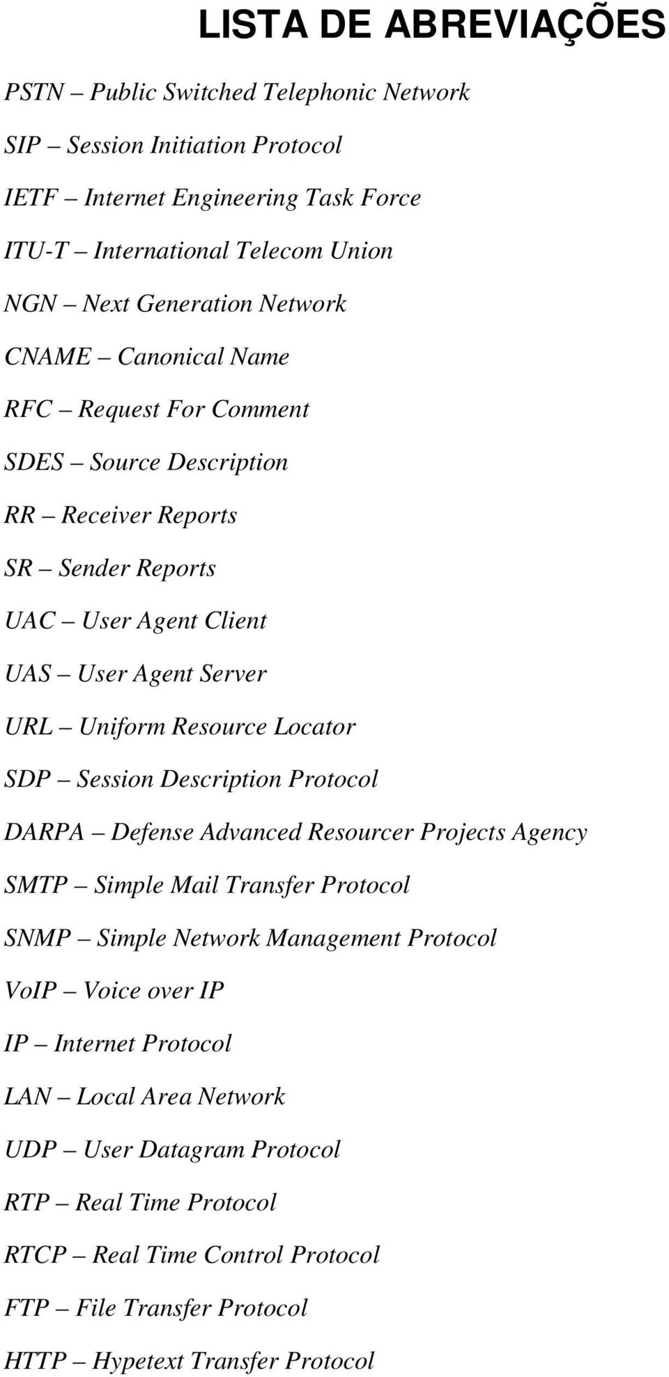 Resource Locator SDP Session Description Protocol DARPA Defense Advanced Resourcer Projects Agency SMTP Simple Mail Transfer Protocol SNMP Simple Network Management Protocol VoIP