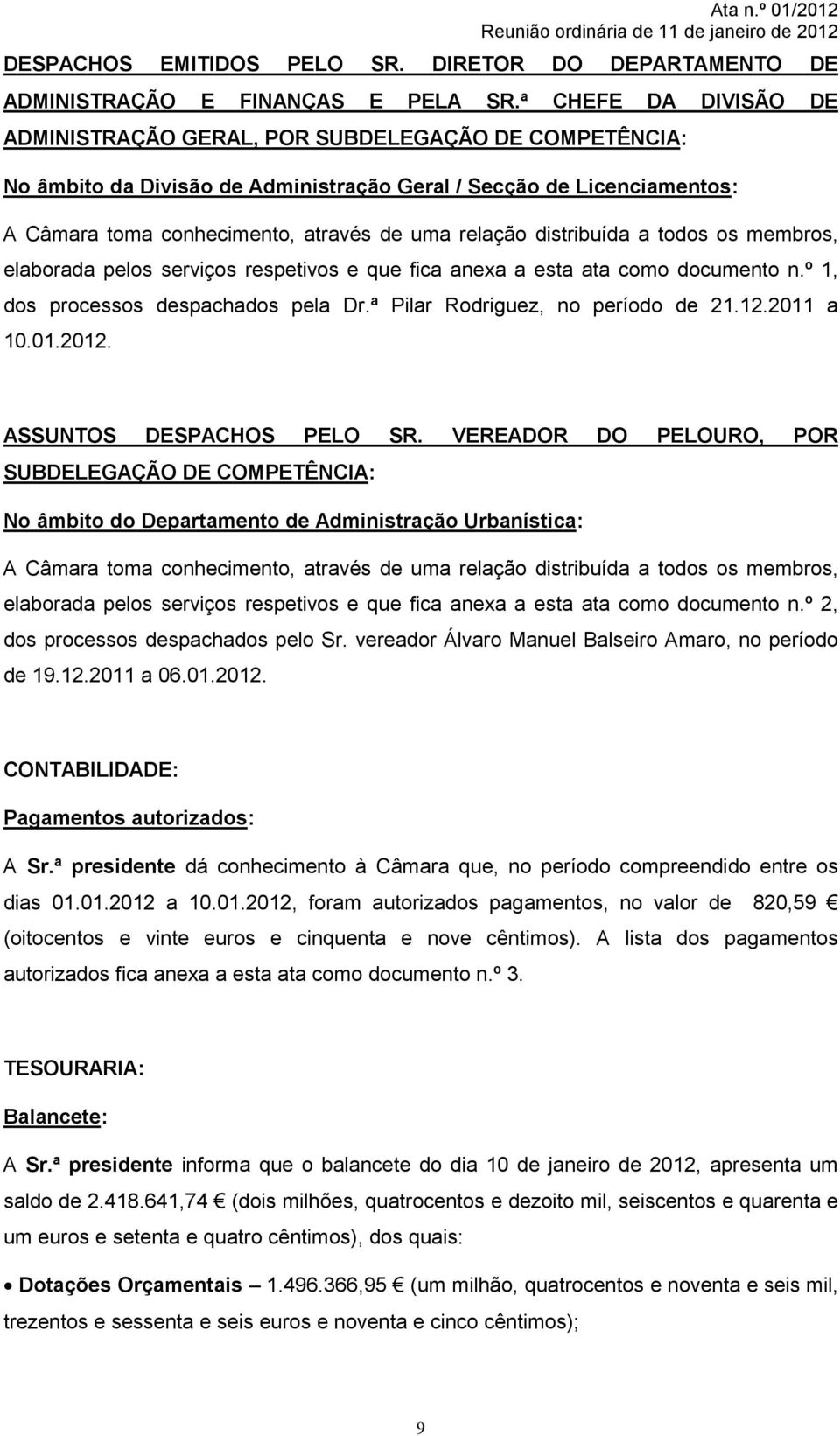 distribuída a todos os membros, elaborada pelos serviços respetivos e que fica anexa a esta ata como documento n.º 1, dos processos despachados pela Dr.ª Pilar Rodriguez, no período de 21.12.