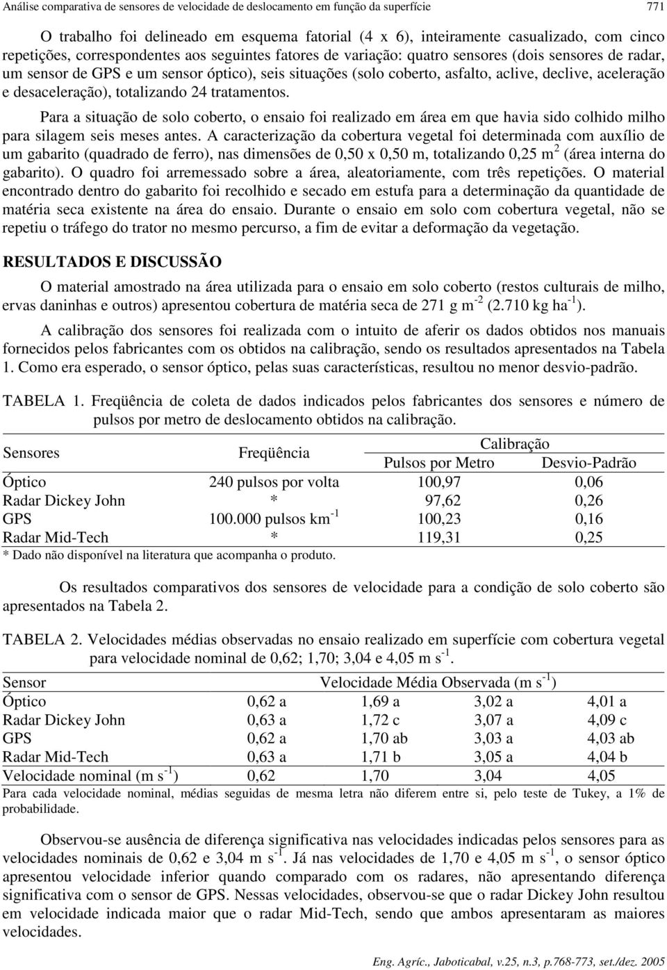 desaceleração), totalizando 24 tratamentos. Para a situação de solo coberto, o ensaio foi realizado em área em que havia sido colhido milho para silagem seis meses antes.