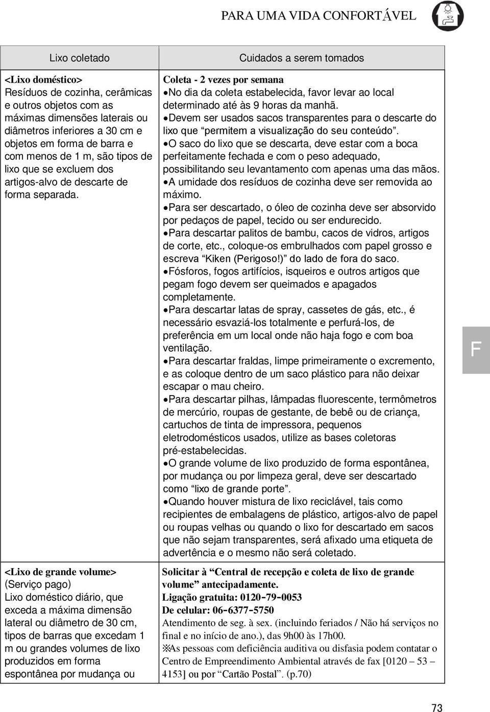 <Lixo de grande volume> (Serviço pago) Lixo doméstico diário, que exceda a máxima dimensão lateral ou diâmetro de 30 cm, tipos de barras que excedam 1 m ou grandes volumes de lixo produzidos em forma