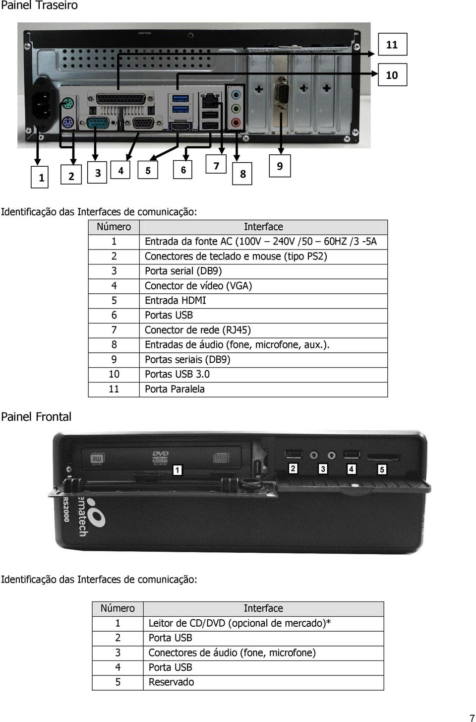(RJ45) 8 Entradas de áudio (fone, microfone, aux.). 9 Portas seriais (DB9) 10 Portas USB 3.