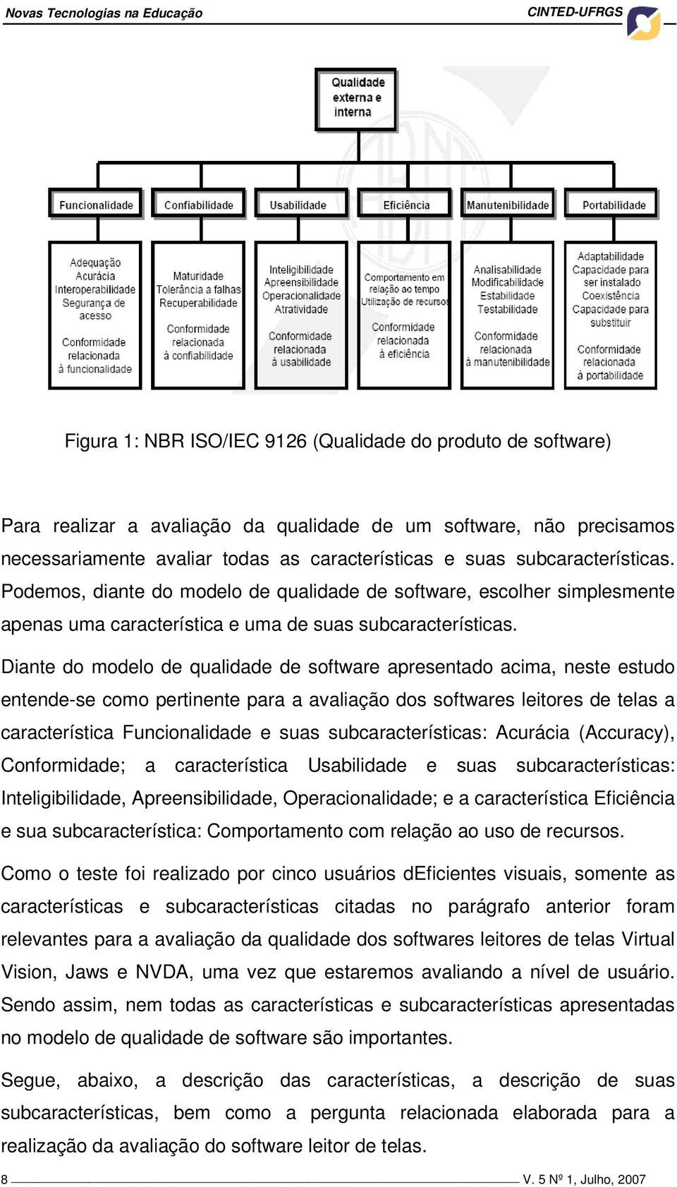 Diante do modelo de qualidade de software apresentado acima, neste estudo entende-se como pertinente para a avaliação dos softwares leitores de telas a característica Funcionalidade e suas