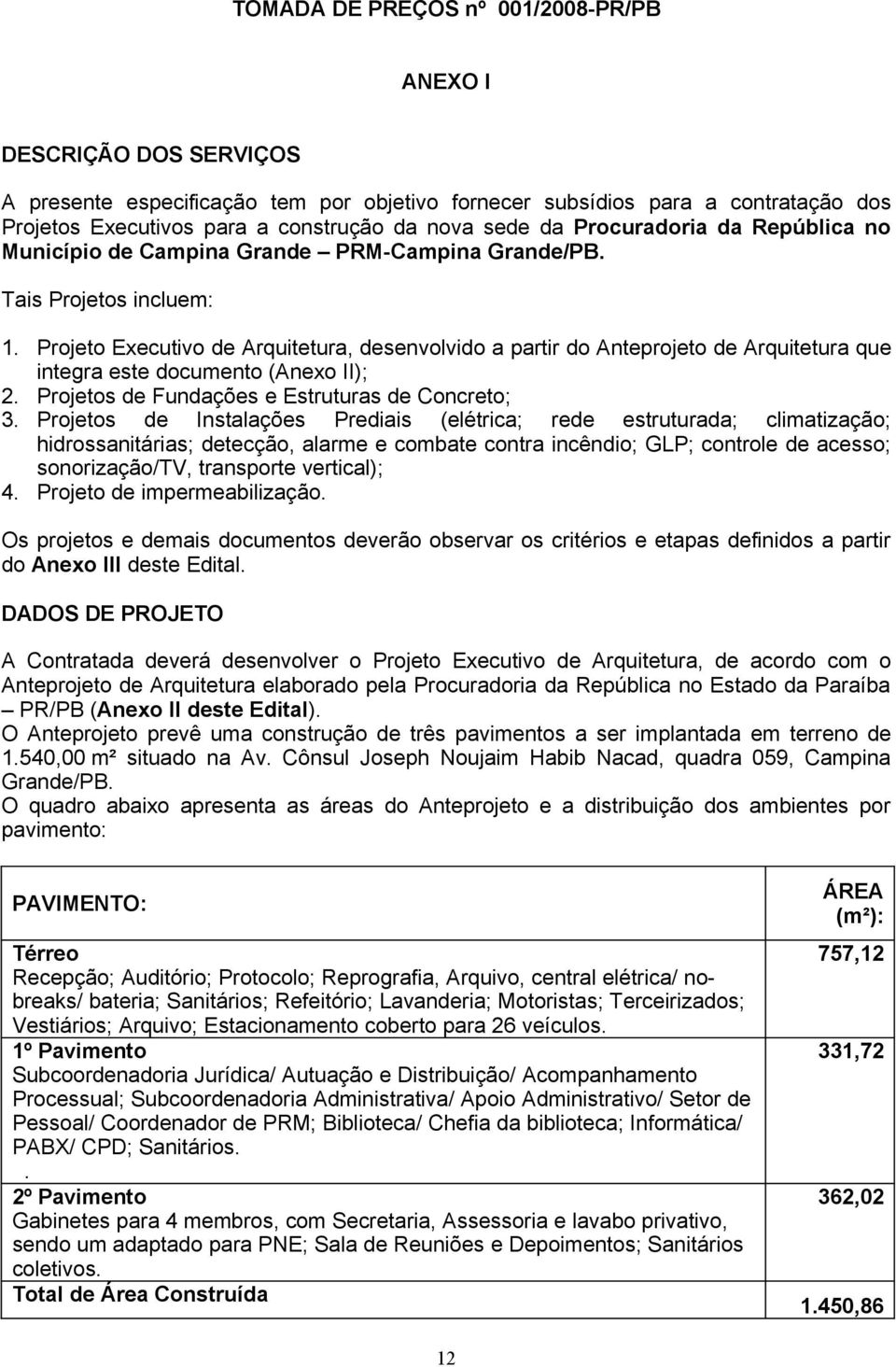 Projeto Executivo de Arquitetura, desenvolvido a partir do Anteprojeto de Arquitetura que integra este documento (Anexo II); 2. Projetos de Fundações e Estruturas de Concreto; 3.