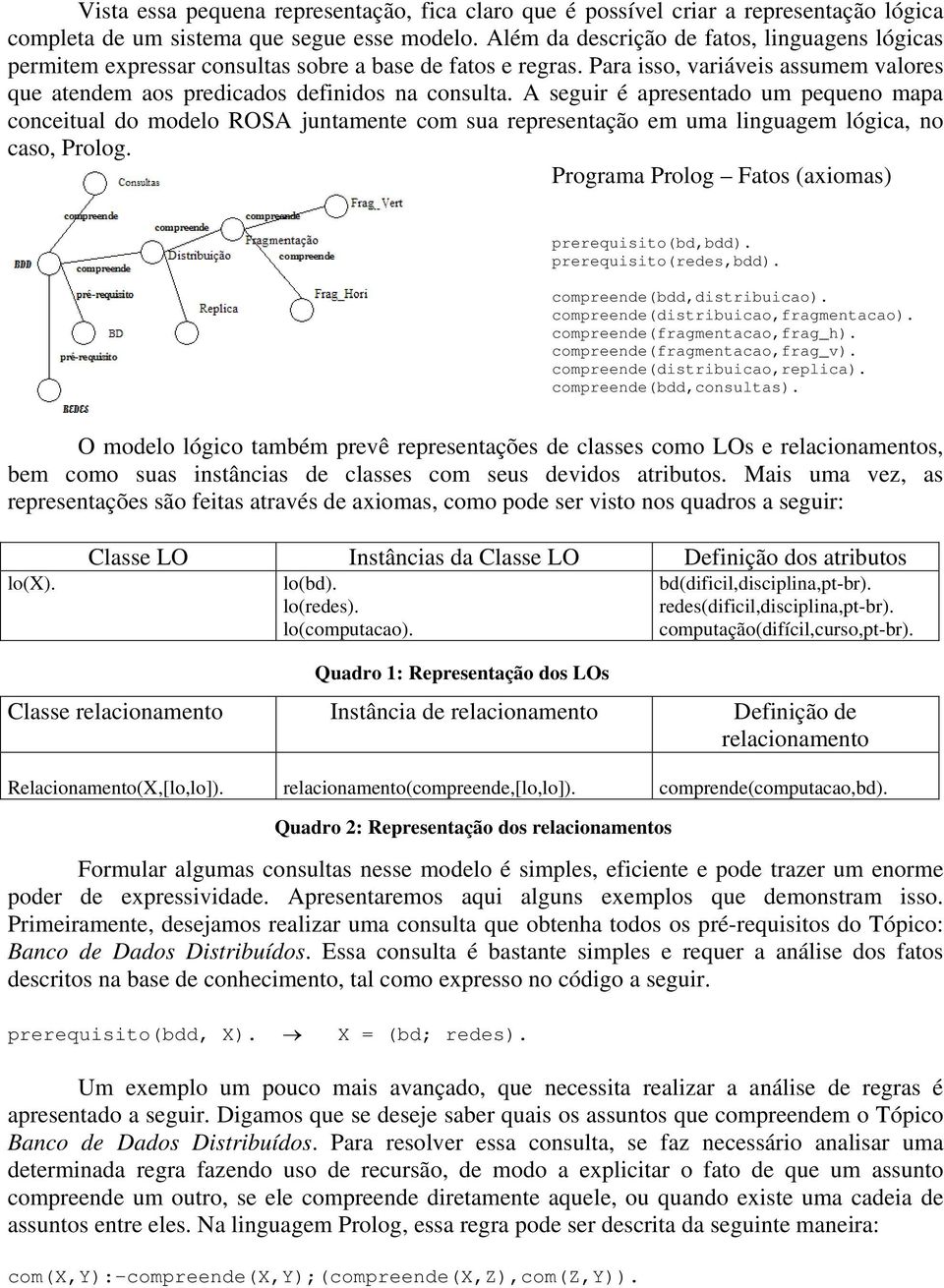 A seguir é apresentado um pequeno mapa conceitual do modelo ROSA juntamente com sua representação em uma linguagem lógica, no caso, Prolog. Programa Prolog Fatos (axiomas) prerequisito(bd,bdd).