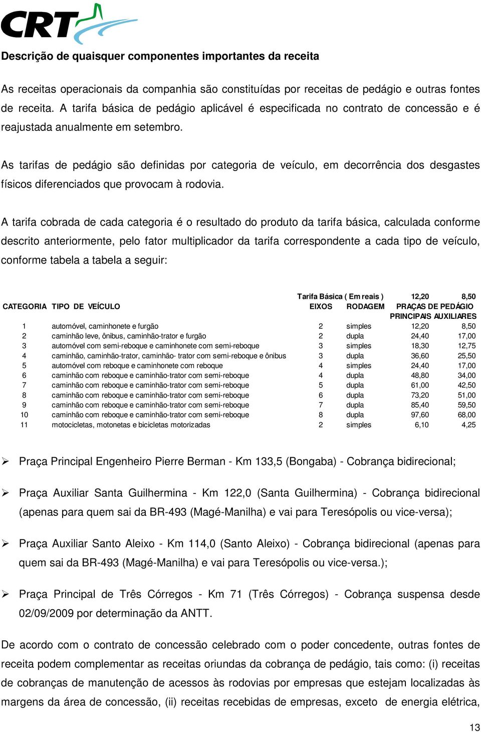 As tarifas de pedágio são definidas por categoria de veículo, em decorrência dos desgastes físicos diferenciados que provocam à rodovia.